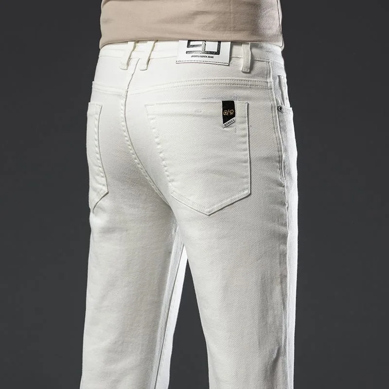 Spring and Autumn New Fashion Trend White Pure Cotton Straight Fit Elastic Denim Pants for Men Casual Sports High-Quality Jeans