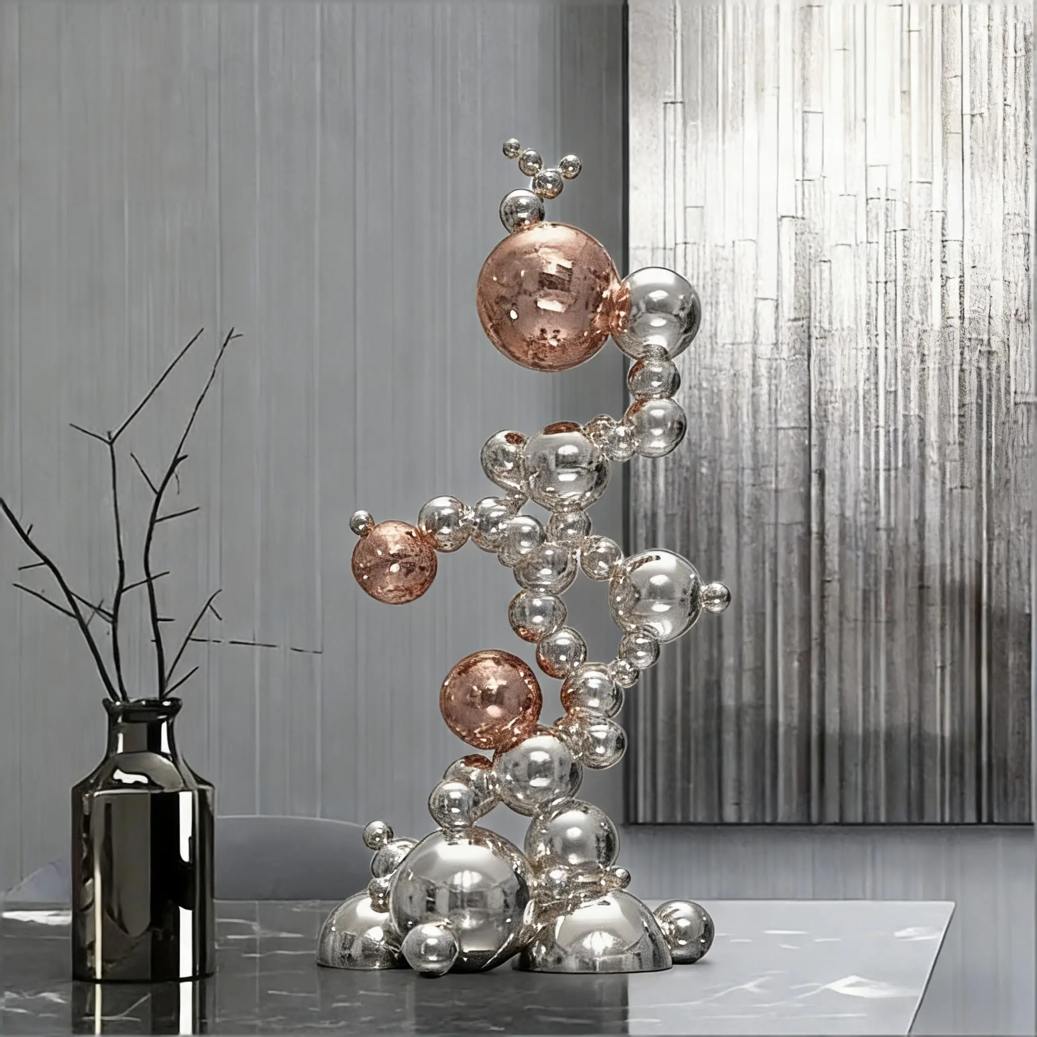 za-Modern Art Abstract Style Large Stainless Steel Sphere Sculpture Polished Silver-Plated Figurine 3 Colors Home Decoration%