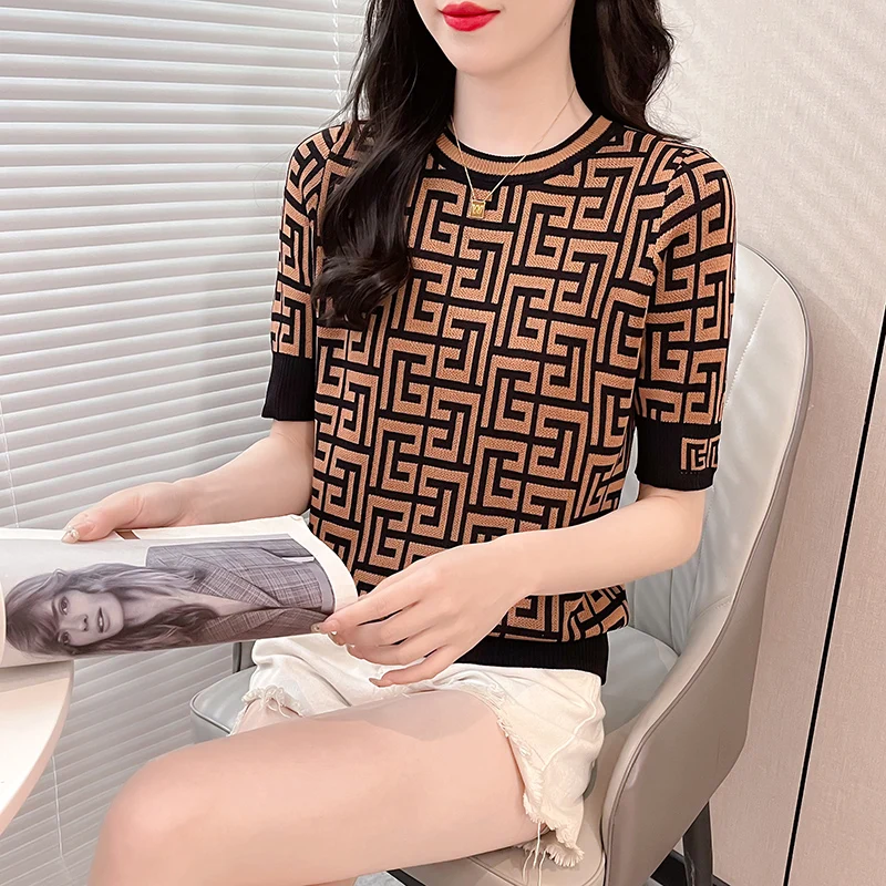 2023 Fashion Contrast Jacquard Elegant Plaid Women Tops Outfits Short Sleeve Knitted T-Shirts Loose Retro Office Ladies Clothes