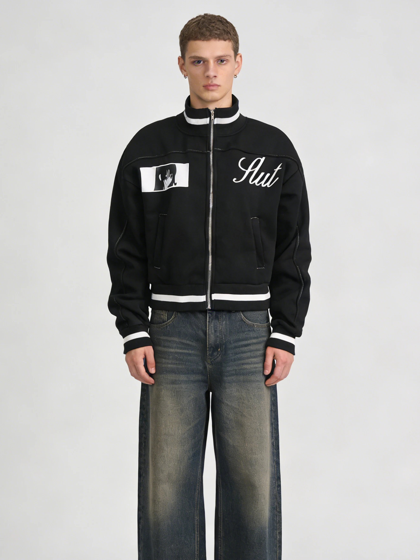 

Новая летняя короткая куртка унисекс 2026 года в готическом панк-стиле с принтом аниме-персонажей, воротником-стойкой и молнией