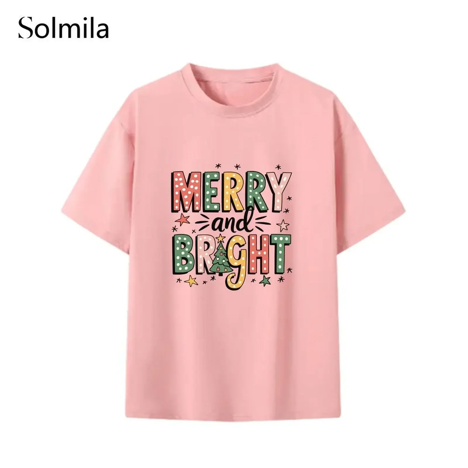 

Women Quick Drying Causal Comfortable Short Sleeve Printed Christmas Merry And Bright T-Shirt Summer Woman Clothes O-neck Tees