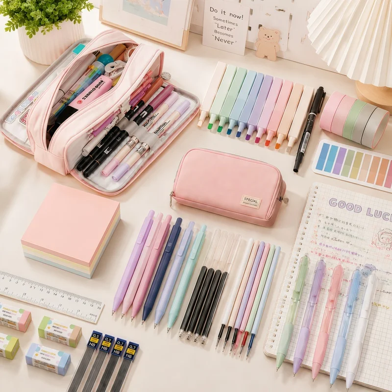 56/54PCS Stationery Set with Pencil Case includes ballpoint pens, gel pens, mechanical pencils, highlighters, erasers ...