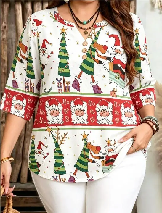 Christmas Print Plus Size Blouses Notch Split V Neck 3 Wooden Buttons Three Quarter Sleeve Loose Holiday Tops For Curvy Women