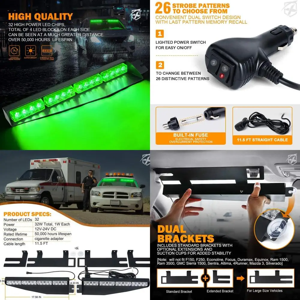 

Green LED Emergency Strobe Light Bar with Interior Warning Lights for Law Enforcement Vehicles and Trucks