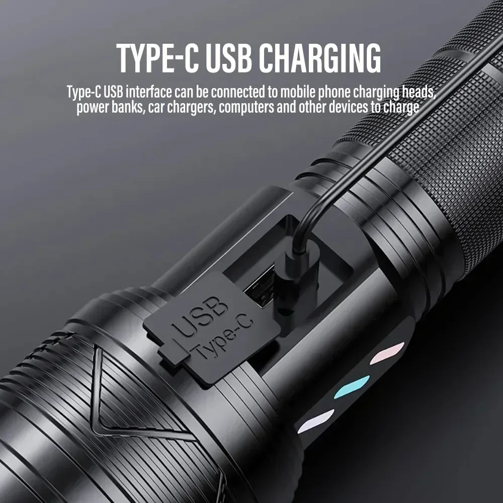 Powerful 60W LED Flashlight USB Rechargeable Zoomable Emergency Torch Super Bright Spotlight Long Range Tactical Camping Lantern