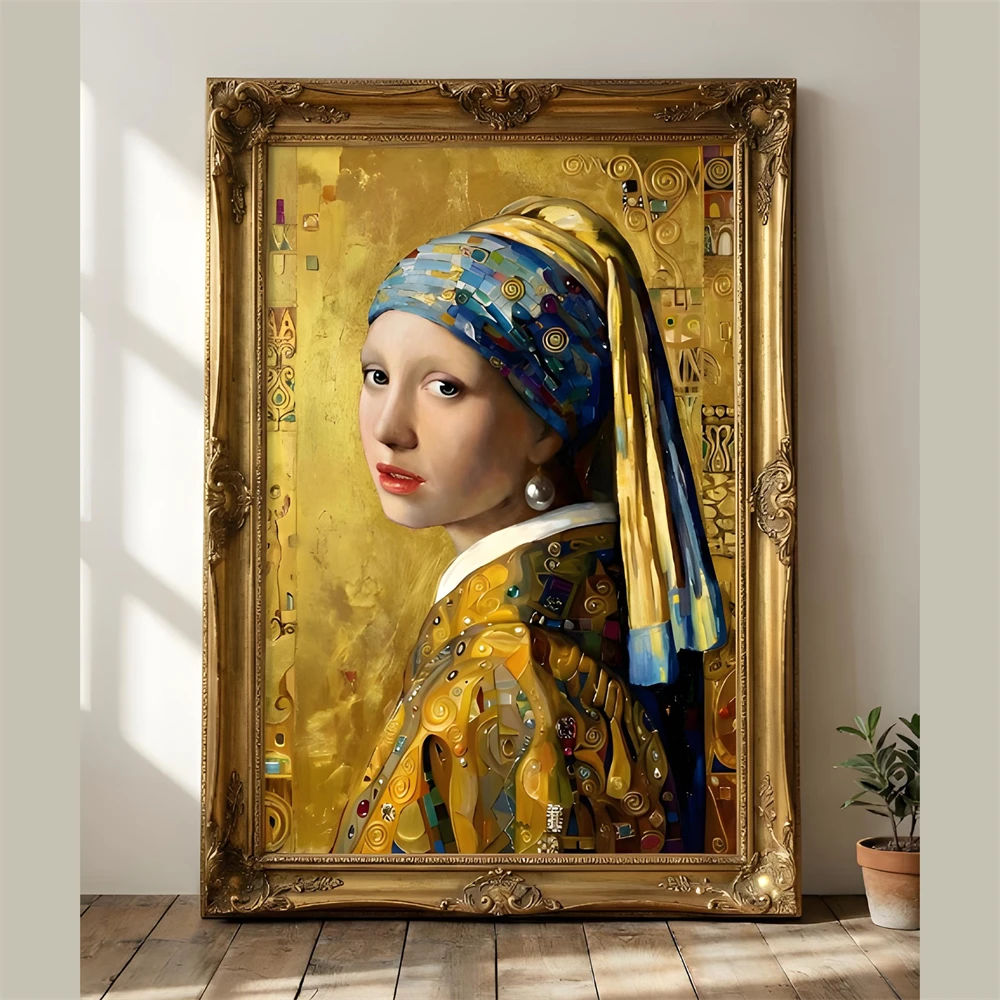 Gustav Klimt Style Girl with a Pearl Earring Print Gold Art Nouveau Mosaic Wall Art Poster Mona Lisa Gold Wall Art Print Decor