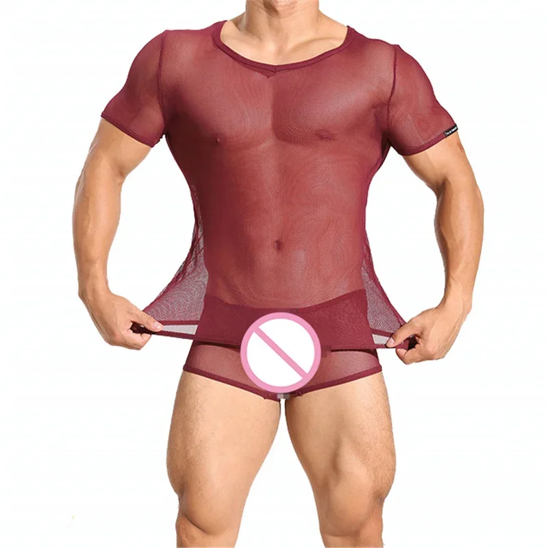 Sexy Mens Clothes Set See Through T-shirt Men Underwear Set Male Undershirts Slim Fitness Tops Boxer Shorts Underpants Sleepwear