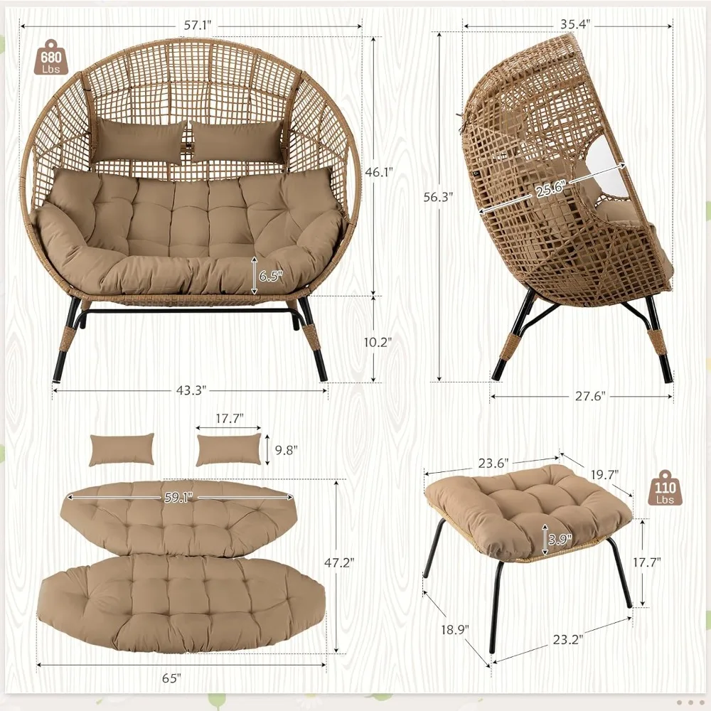 Wicker Stationary Egg Chair with Legs Patio 2 Person Loveseat Chair Indoor Outdoor Oversized PE Rattan Lounge