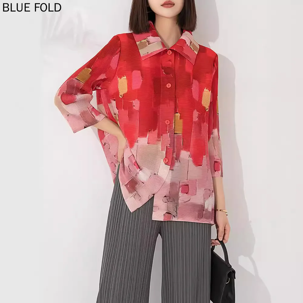 MIYAKE-Pleated Casual Tops for Women, Loose, Large Size, Fashionable Lapel, Loose and Slim, Versatile Button-Down Blouses, PLEAT