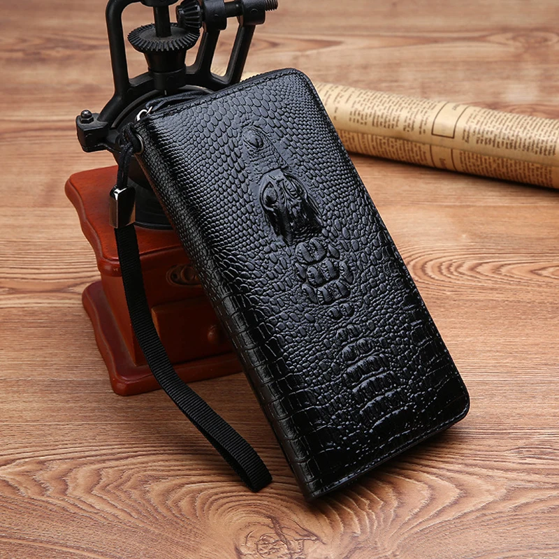 YoReAi-cartera larga de cocodrilo para hombre, bolso de cuero con cremallera, embrague multitarjeta, negocios, ocio, negro, almacenamiento