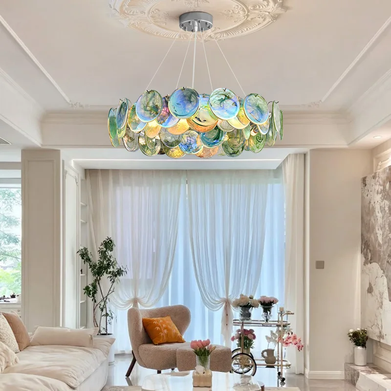 

2025 Modern Green Round Glass Chandelier Murano Colorful ring designer light Ceiling Suitable for living room Decoration
