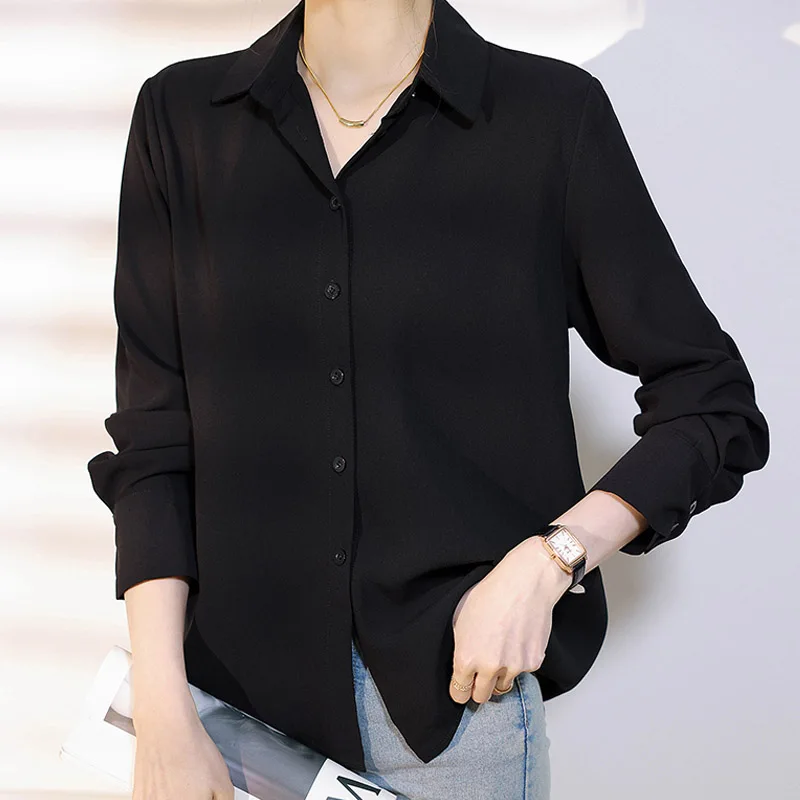 

2025 Fashion Office Lady Long Sleeve Turn Down Women Shirt Black Chiffon Elegant Shirt Blouse Women Tops Camisas De Mujer N614