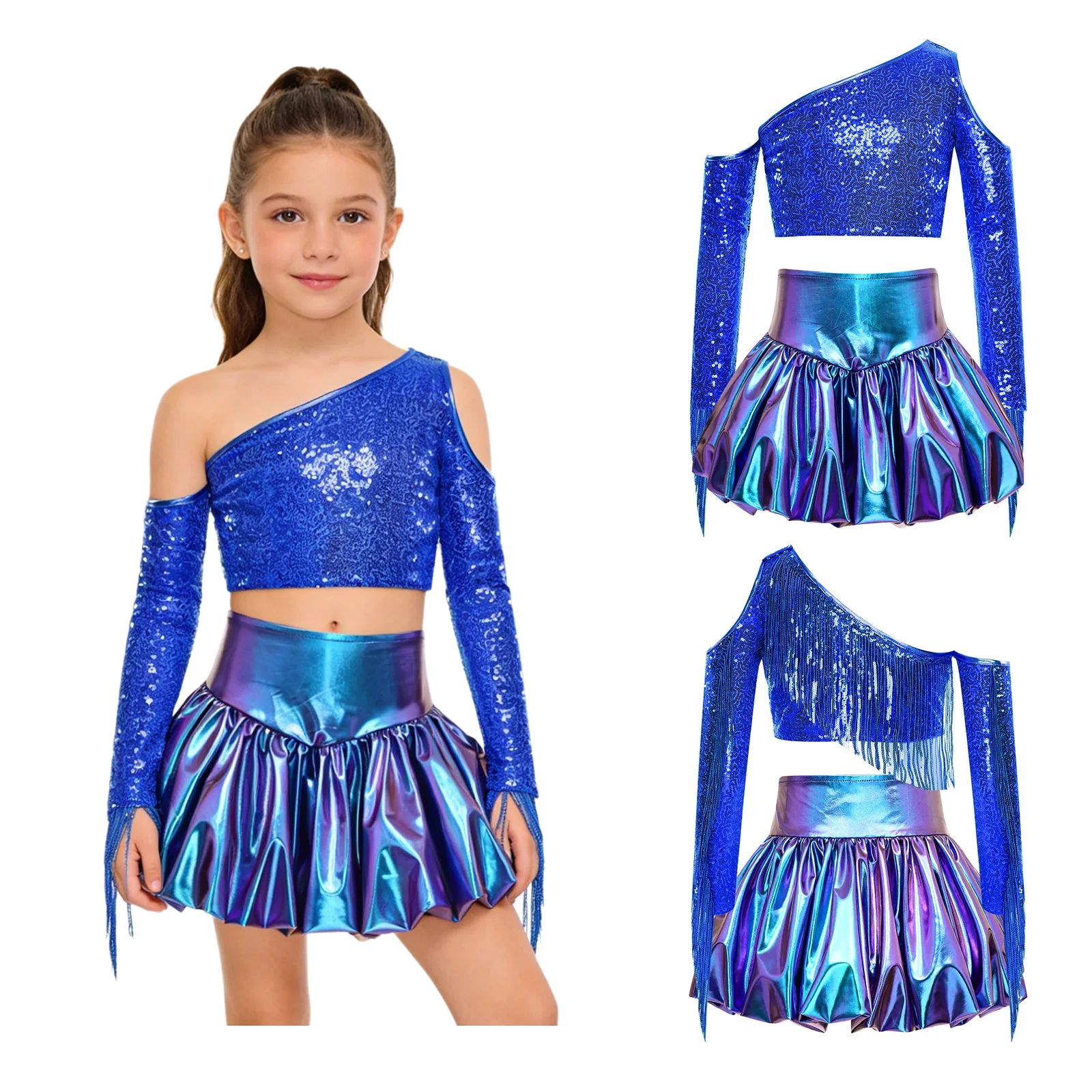 Kids Girls Long Sleeve Jazz Dance Crop Tops with Metallic Shiny Bubble Skirt Cheerleading Costume for School Show Dancing Party