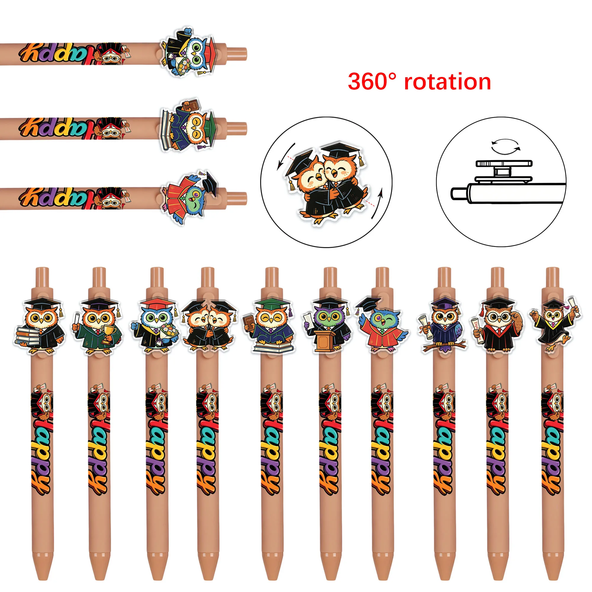 

10pcs Creative Owl Bachelor Theme Press Ball Pattern to Rotate Writing Smooth Black Ink Student Writing Gift Pen