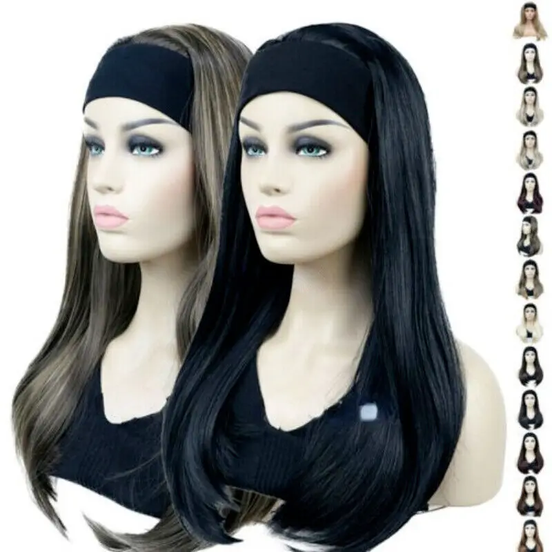 

Ladies Long Straight 3/4 Half Wig Hair Head Band Silky Black Synthetic Natural Wigs