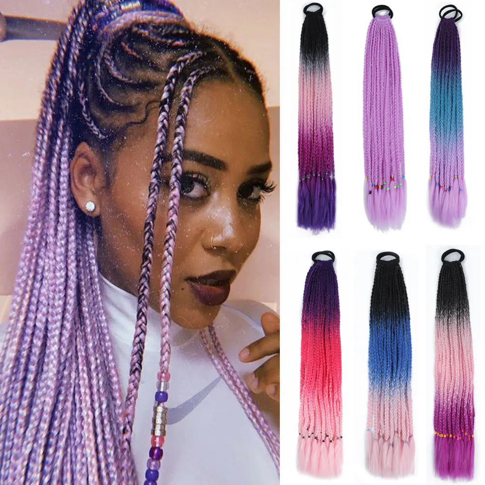 AZQUEEN Synthetic Colored Braided Ponytail Hair Extension Rainbow Color Braids Pony Tail With Elastic Band Girl's Pigtail