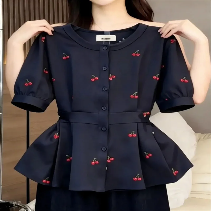 Fashion Spring and Summer Chinese Women's Beautiful Cardigan Single-breasted Shirt Round Collar Shirt Black Shirt Blouse New