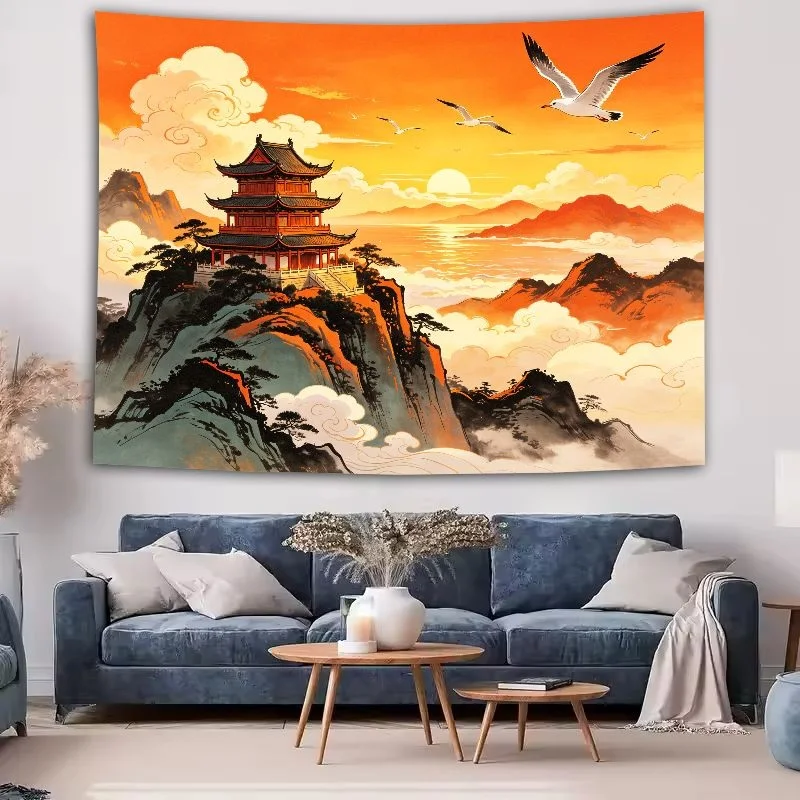 VIKAMA Chinese Oriental Style Tapestry Wall Hanging, Wall Art for Living Room Bedroom Office Study Room Tea Room Decor