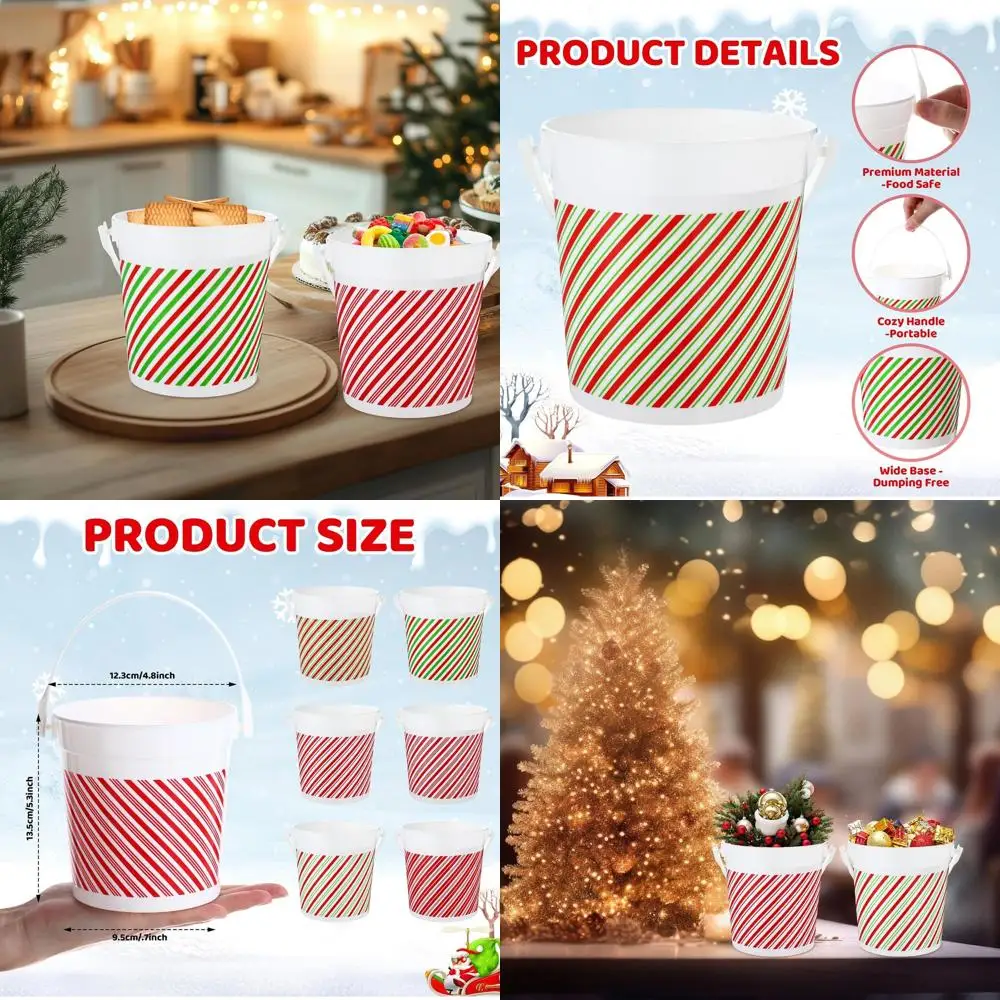 

24-Piece 32oz Christmas Plastic Buckets with Handle, Red and Green Striped, Reusable Treat Containers for Holiday Party Favors