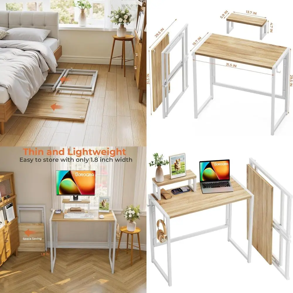 

Compact 31.5 Oak Folding Desk with Monitor Stand and Hook for Home Office and Dorms