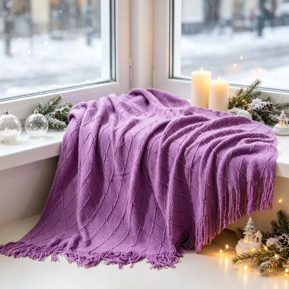 Oversized Fluffy Soft Purple Knitted Double Bed Blanket for All Seasons Sofa Knee Nap Wedding Blankets Home Decor Christmas Gift