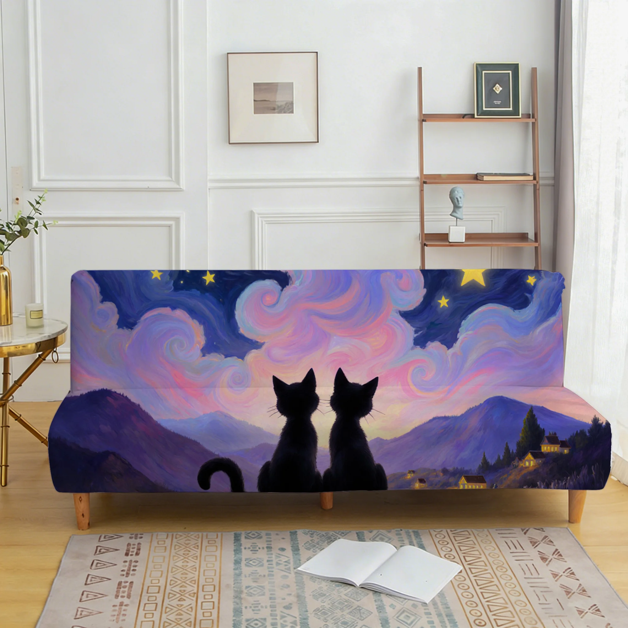 Purple starry sky cat elastic sofa cover, non-slip and scratch-proof furniture protective cover, easy to install