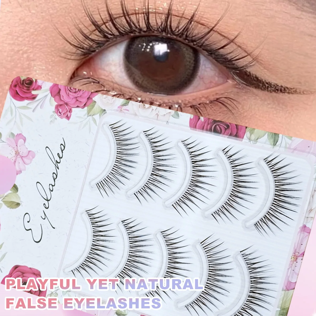 Attraktive 5-Paar falsche Wimpern: Schlanke natürliche Locken, Katzenaugen-Cartoon-Stil, transparentes Band, Vollstreifen-Wimpern, geeignet für den Alltag