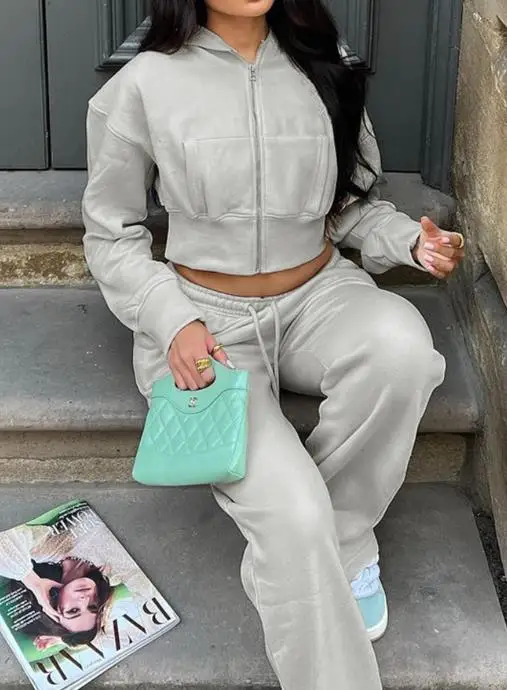 

Two Piece Set Women Outfit 2025 Spring Autumn New Long Sleeve Hooded Crop Zipper Sweatshirt Jacket & Casual Long Pants Set