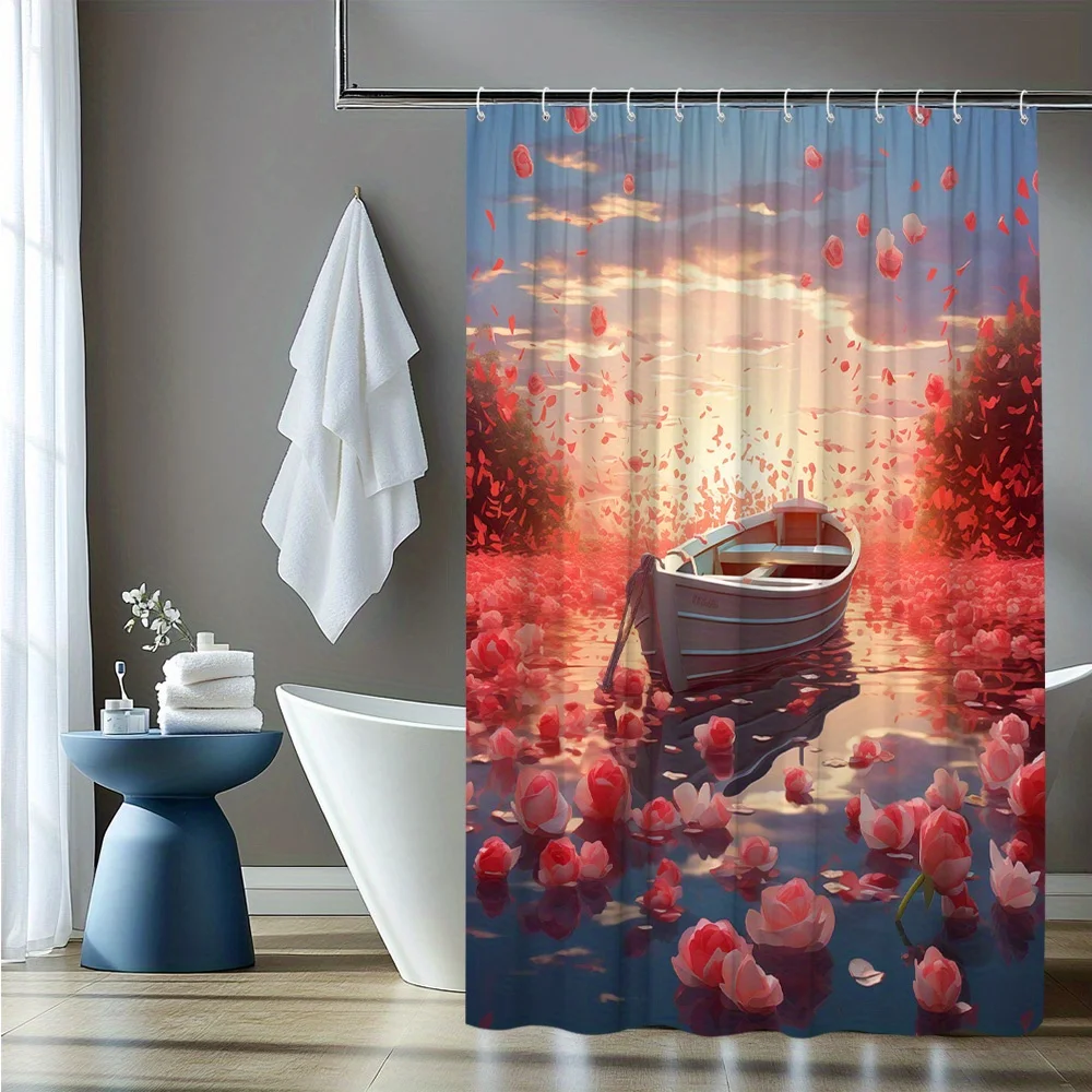 

Sunset Boat and Lotus Waterproof Mildew-Resistant Shower Curtain - Serene Design for a Relaxing Bathroom Décor Experience