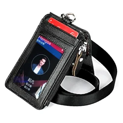 Porte-badge en cuir véritable avec lanière, nom d'entreprise, porte-étiquette de travail, d'identité du personnel, couverture de carte de crédit, porte-carte RFID, sac à main, poudres à fermeture éclair