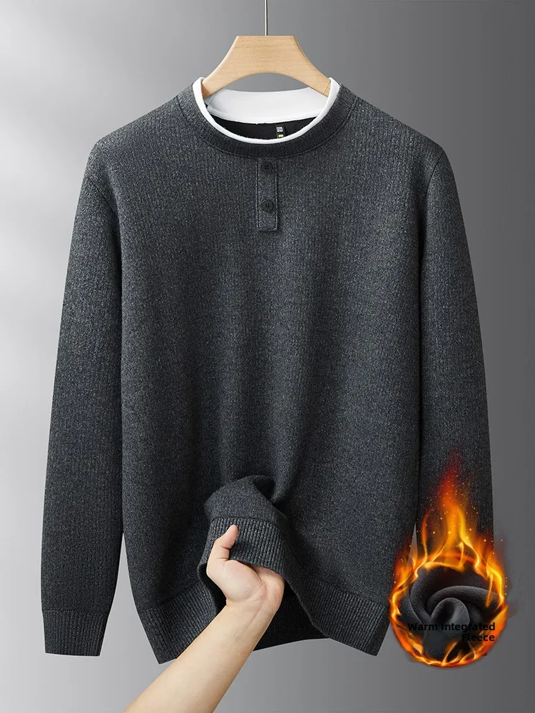 

Мужской зимний утепленный трикотажный свитер с двойным воротником и флисовой подкладкой, повседневный, с длинным рукавом, круглым вырезом, теплый базовый слой, большие размеры