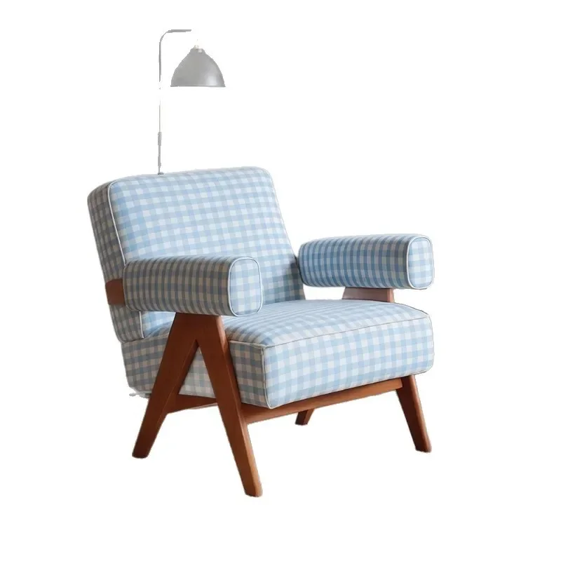 

Mid-style sofa chair designer retro small apartment living room blue plaid lazy lounge chair