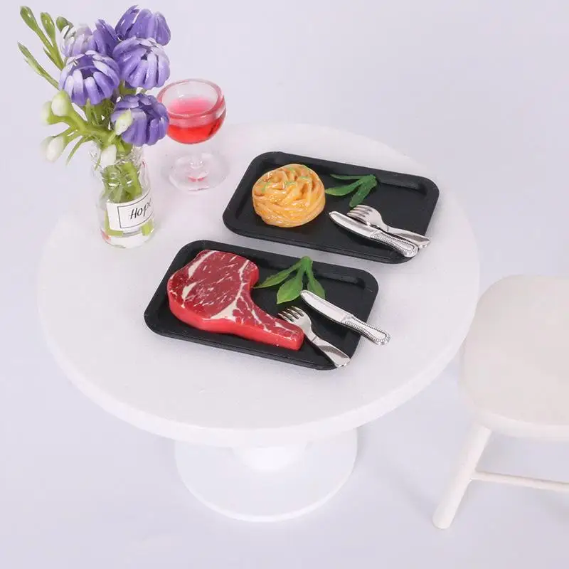 5Pcs Simulated Steak Pasta Plate Knife Fork Model Dollhouse Kitchen Food Decoration DIY Accessories