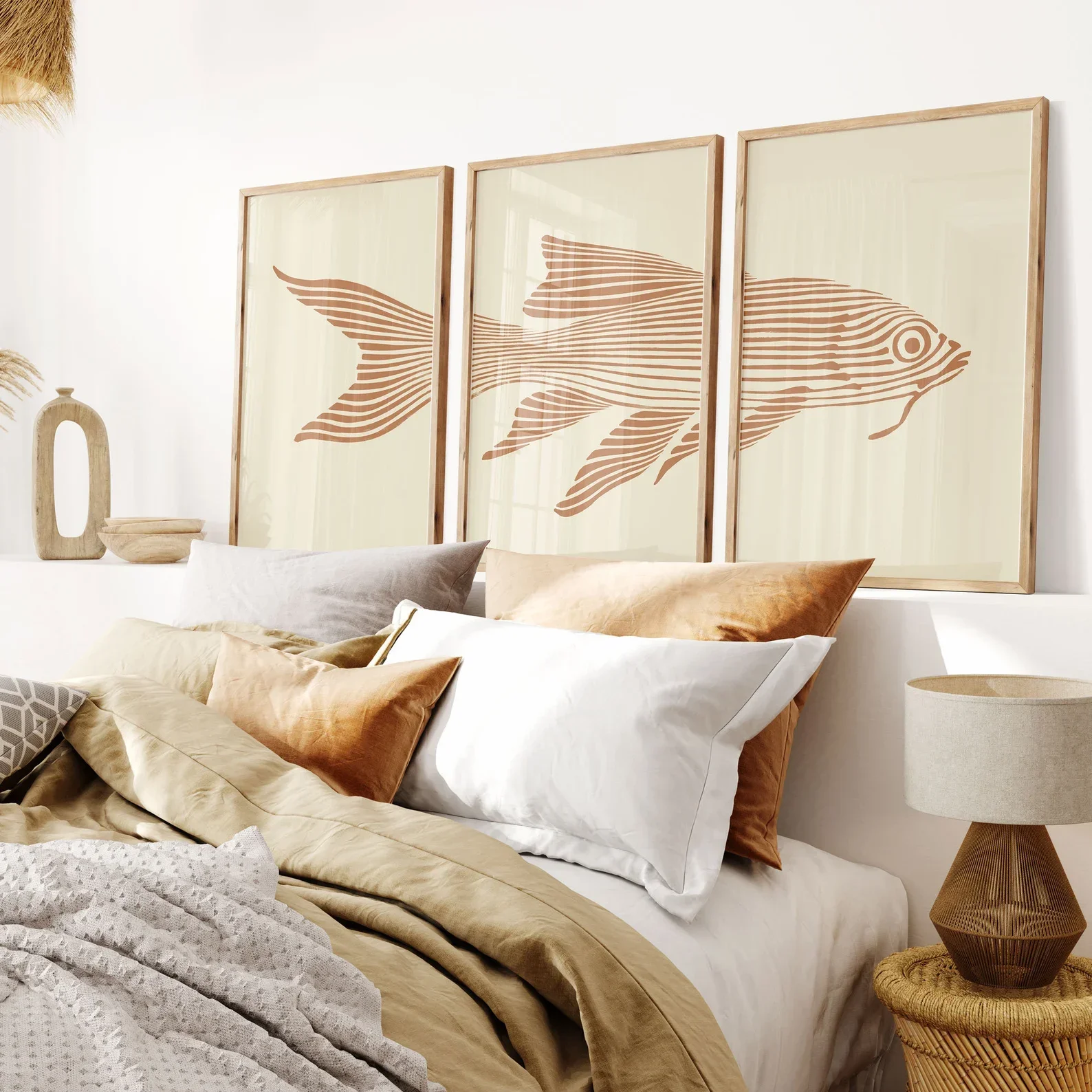Large-sized frameless  Koi Fish Terracotta Wall Art  Burnt Orange Poster  Nautical Home Wall Decor Beach Triptych Canvas