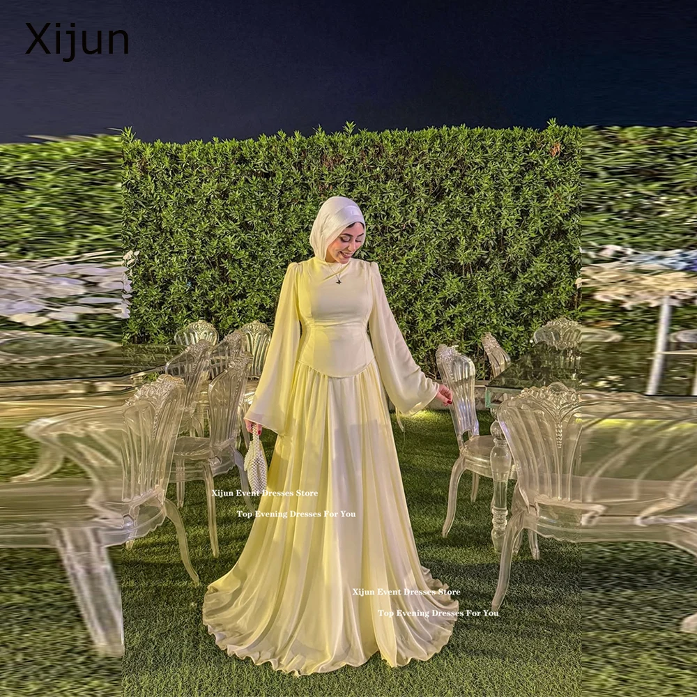 

Xijun Modest Baby Yellow Evening Dresses Chiffon Long Sleeves A-Line Formal Prom Dresses Floor Length Dubai Prom Gown Customized