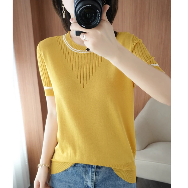 Women New Summer Short-sleeved Tees O-Neck Slim 100% Cotton Linen Hollow Pullover T-shirt Knitted Base Casual Sweater