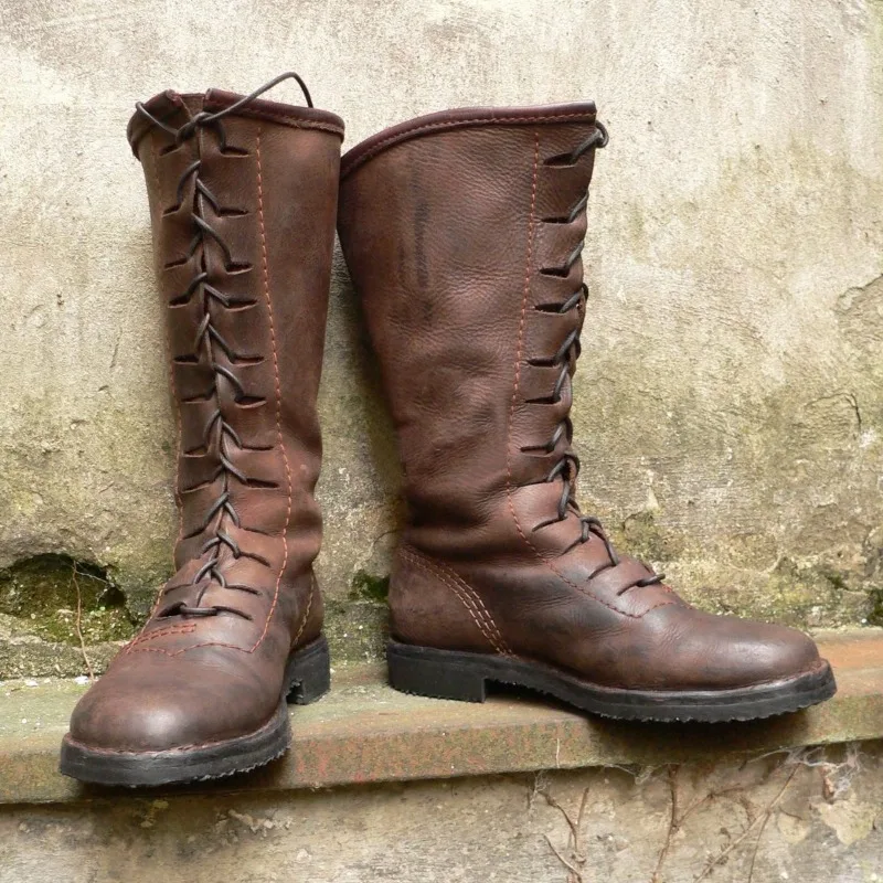 

Men's Medieval Renaissance Riding Boots PU Round Toe Lace Up Mid Calf Flat Vintage Cosplay Boots Big Sizes 38-48 Men Autumn