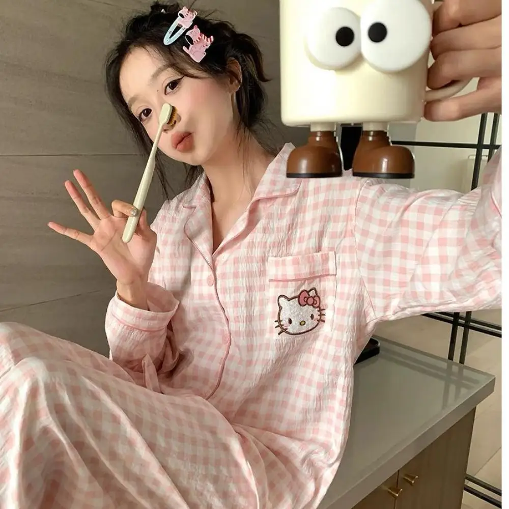 Sanrios Kawaii Women Pajamas Suit Hello Kitty Cotton Cartoon Spring Casual Home Wear Anime Comfortable Long-Sleeved Nightclothes