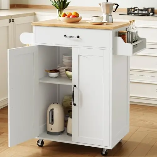 Kitchen Island Cart, Small Kitchen Island with Storage Cabinet and Drawer, Rolling Kitchen Cart on Wheels with Spice