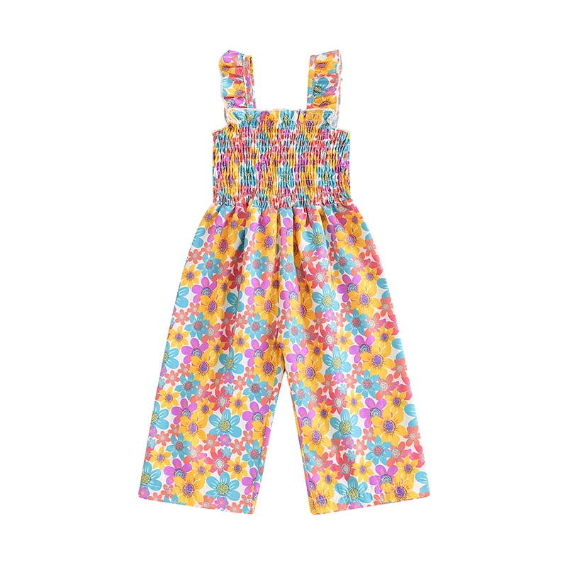 Toddler Baby Girl Summer Outfit Ruffle Sleeveless Romper Smocked Floral Jumpsuit Playsuit Suspender Pants