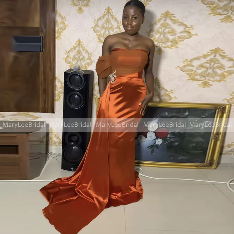 Customized Burnt Orange Bridesmaid Dresses Women Pleated Tulle Sleeve Long Side Train Shiny Satin Mermaid Maid Of Honour Gown