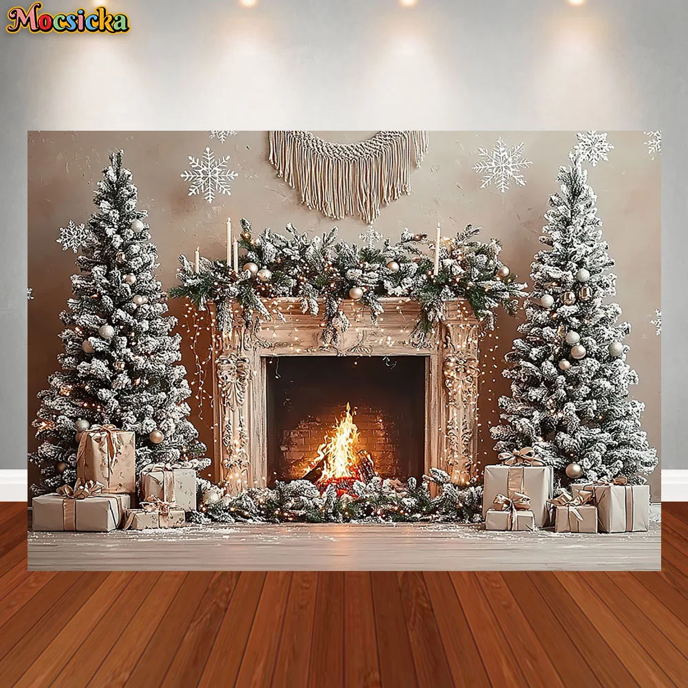 Mocsicka Photography Background Christmas Tree Fireplace Garland Holiday Decoration Boys Girls Photo Backdrop Studio Props