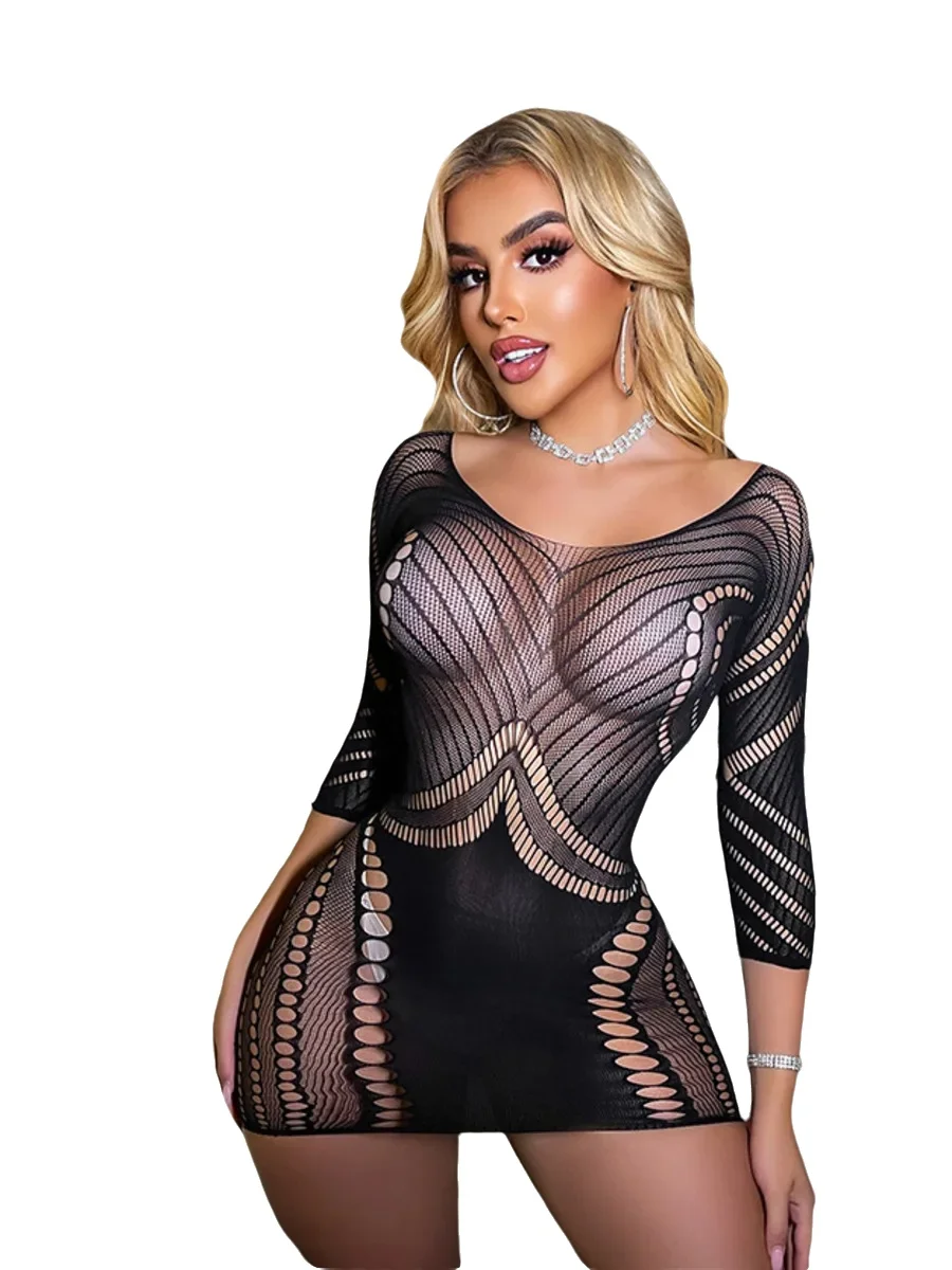 Sexy Long Sleeve Sexy Dress Hollow Out Ripped Backless Mesh Bodysuit Round Neck Solid Color Nightclub Style Sheath Dresses 1SBD
