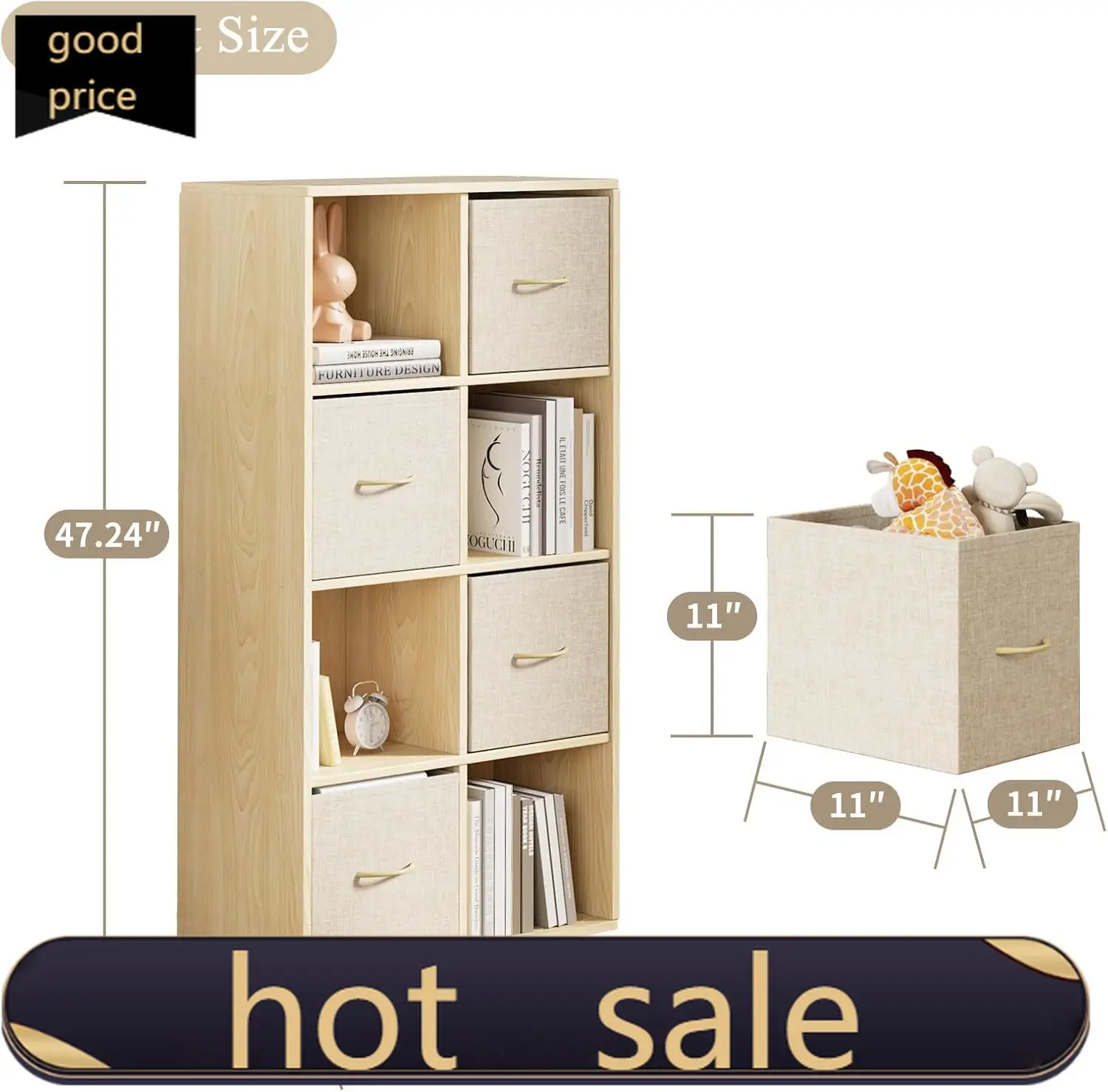 

Activity price8 Cube Storage Organizer - Solid Wood Bookshelf with 4 Storage Bins, Cube Shelf with 2 Removable Back Panels, Vert