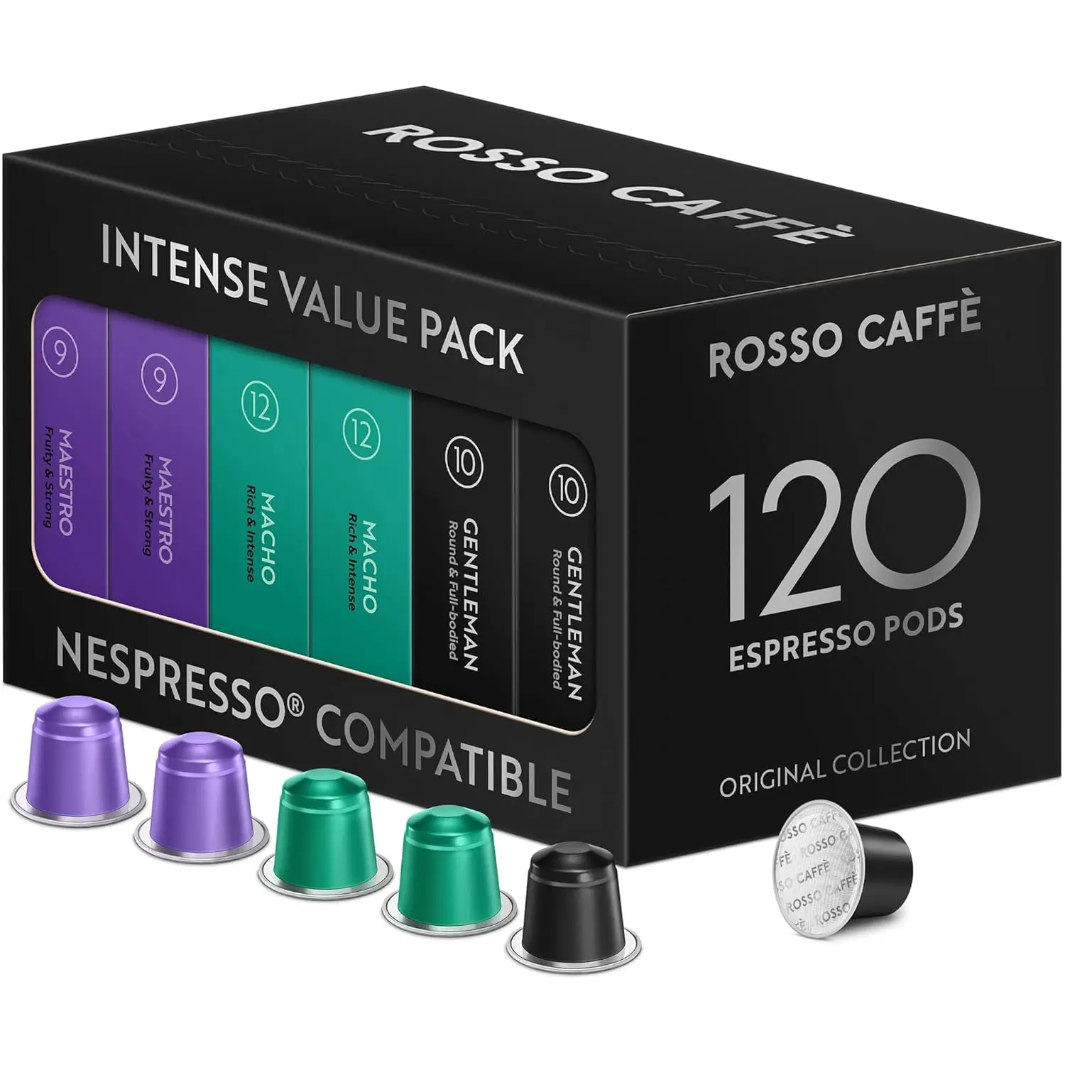 

120 Intense Espresso Pods for Nespresso Original - Bold Dark Roast, 3 Premium Blends (Intensity 9-12)