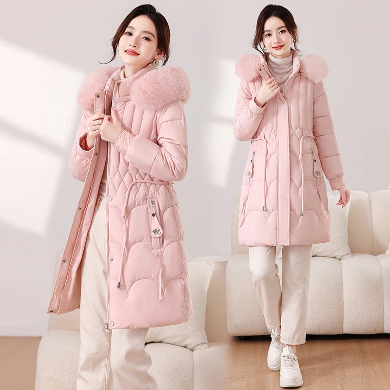 

Detachable Hat Large Fur Collar down Cotton Jaet Women's Mid-Length Thiened Winter Coat Korean Sle Straight Cut
