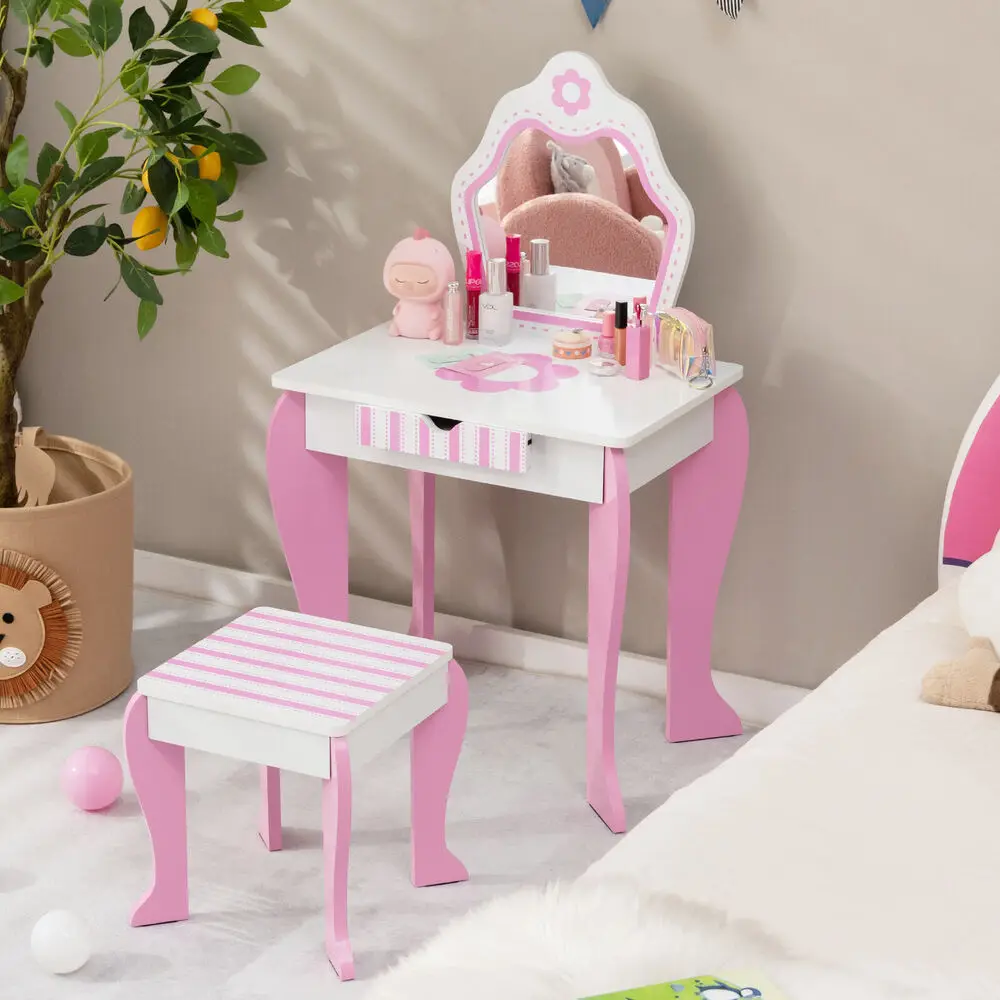 Babyjoy Kid Vanity Set Wooden Makeup Table Stool w/ Mirror Flower Print Pink & White