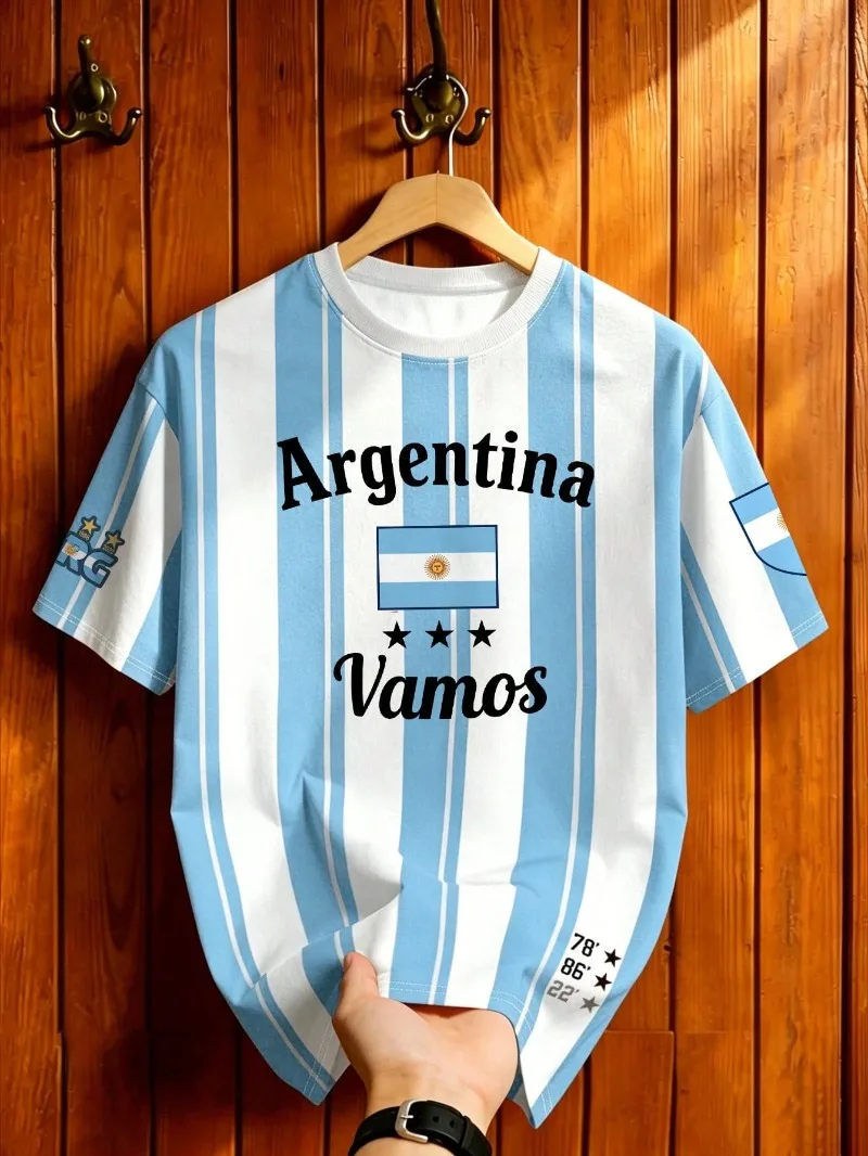 2026 Summer Argentina Striped Football Ports T-shirt Loose Athletic Short Sleeve Tops Men Women Casual Mountaineering T-shirt