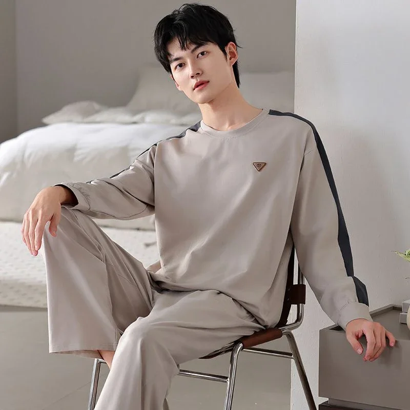 2025 Autumn Long Sleeve 100% Cotton Pajama Sets for Men Korean Loose High Quality Sleepwear Pyjamas Male Homewear Home Clothes