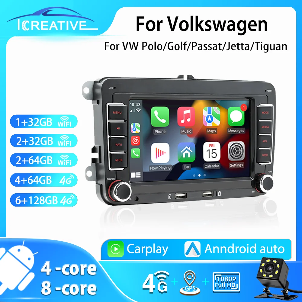 2Din Car Radio For VW Golf 5 6 Volkswagen Passat B6 B7 CC Jetta Wireless Carplay Android Screen Navigation GPS Wifi/4G Internet